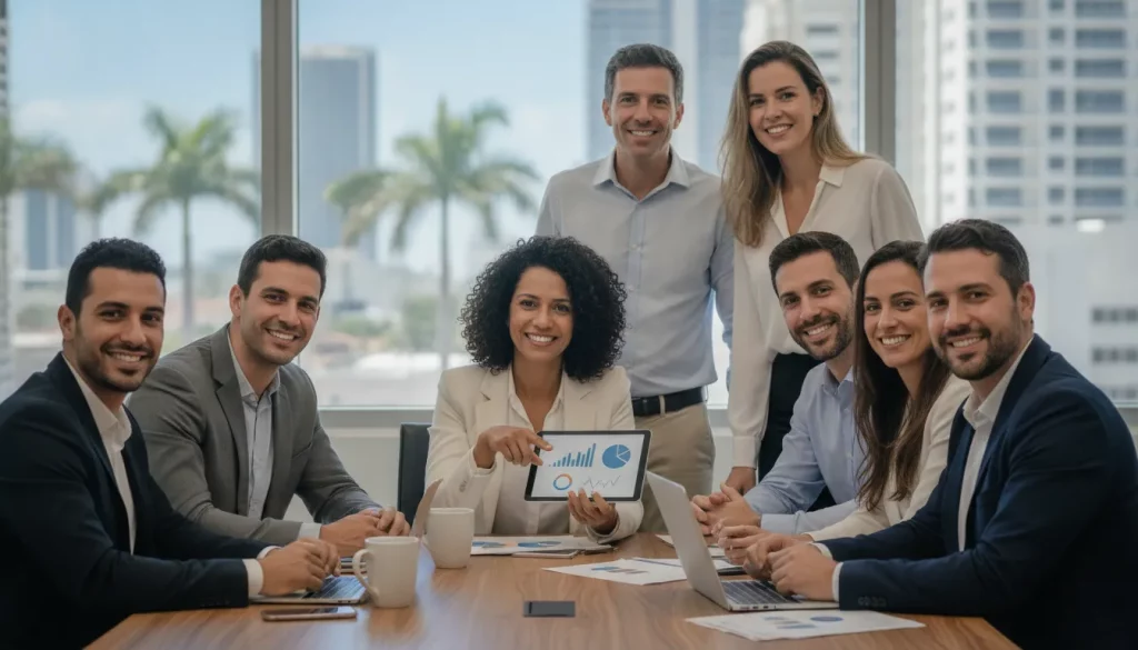Brasileiros empreendedores de sucesso nos EUA colaboram em co-working moderno, simbolizando negócios para brasileiros nos EUA.