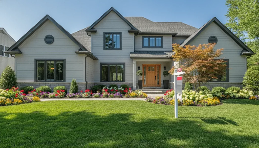 Fachada de casa recém-reformada nos EUA com gramado impecável, simbolizando sucesso em House Flipping nos EUA.