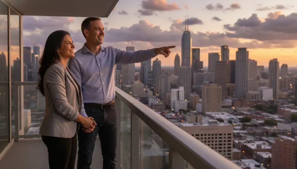Casal brasileiro bem-sucedido em varanda com vista para cidade americana, simbolizando que é possível viver de renda nos EUA sendo brasileiro.