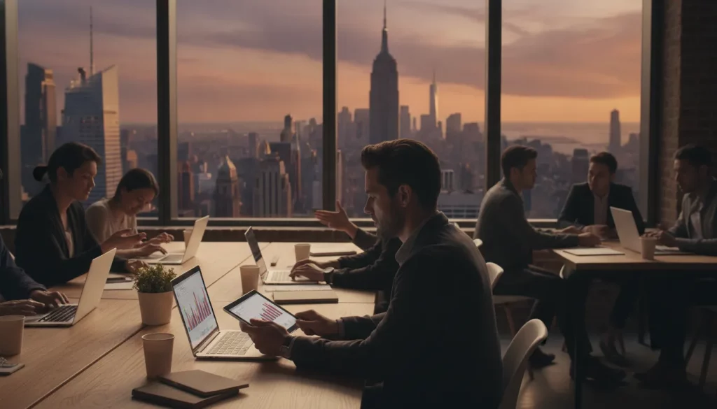 Empreendedor brasileiro em co-working americano, analisando custos. Quanto custa viver nos EUA como empreendedor, planejamento financeiro.