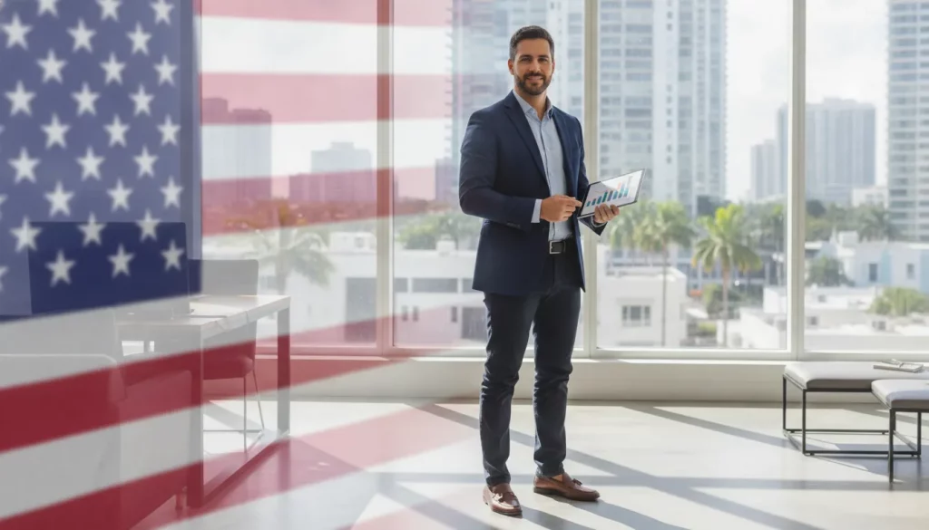 Empreendedor brasileiro confiante em escritório moderno nos EUA. Vale a pena abrir empresa nos EUA, sucesso e oportunidade.