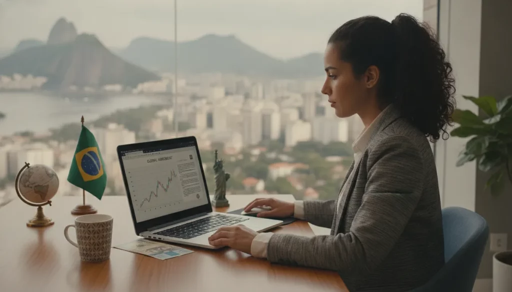 Empreendedor brasileiro focado em seu escritório, simbolizando como ganhar em dólar trabalhando do Brasil legalmente.
