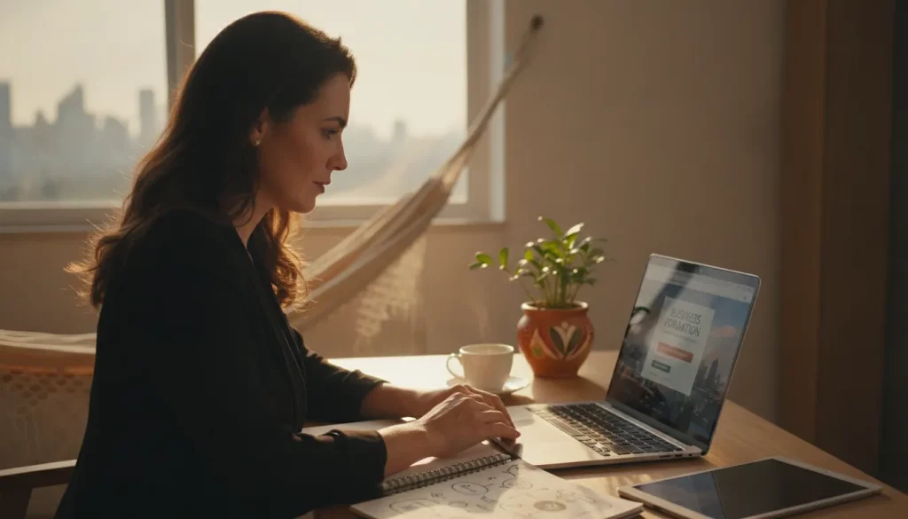 Empreendedora brasileira foca na diferença entre morar e ter empresa nos EUA, trabalhando remotamente em seu home office.