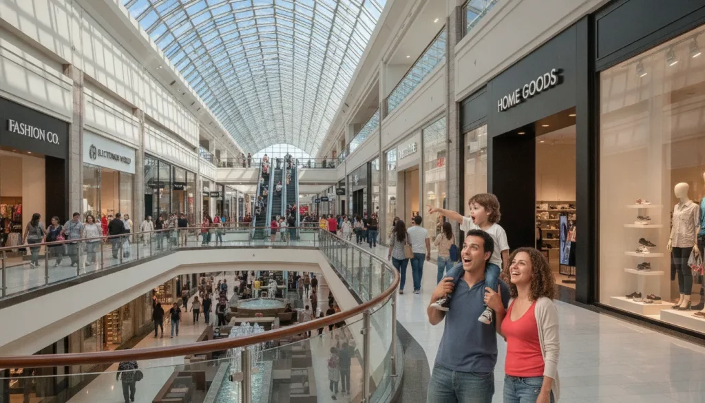 Família brasileira explora shopping americano, vivenciando o mercado americano como funciona para brasileiro. Cenário vibrante e moderno.