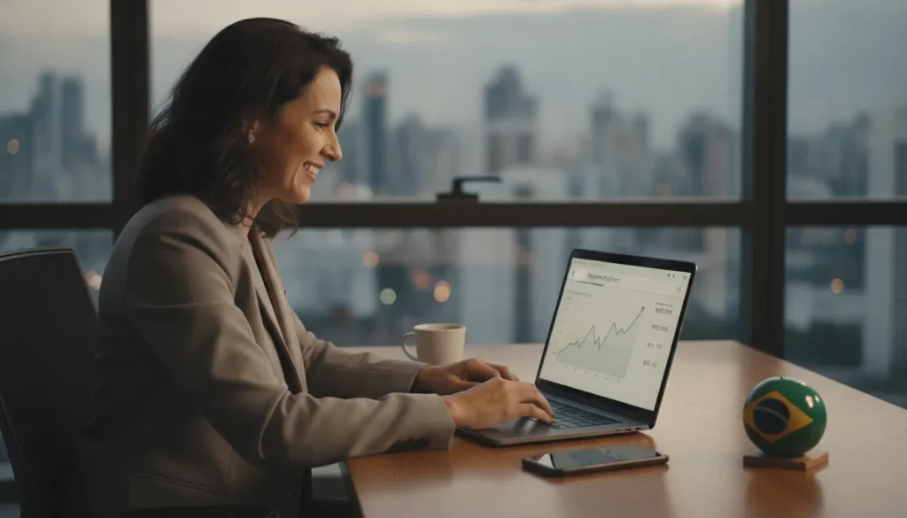 Empreendedora brasileira celebra sucesso financeiro usando Stripe para brasileiros, recebendo em dólar, em seu escritório moderno.