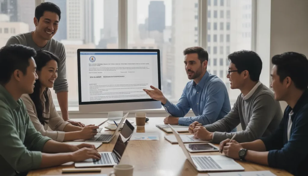 Empreendedores globais obtendo seu EIN number como conseguir com sucesso nos EUA, em um ambiente colaborativo e moderno.