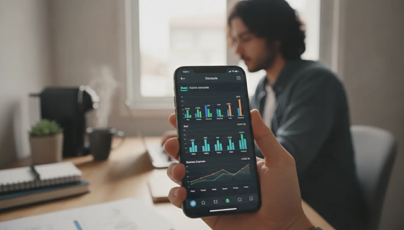 Mão segurando smartphone com app financeiro. Quanto custa viver nos EUA como empreendedor: detalhando despesas e investimentos.
