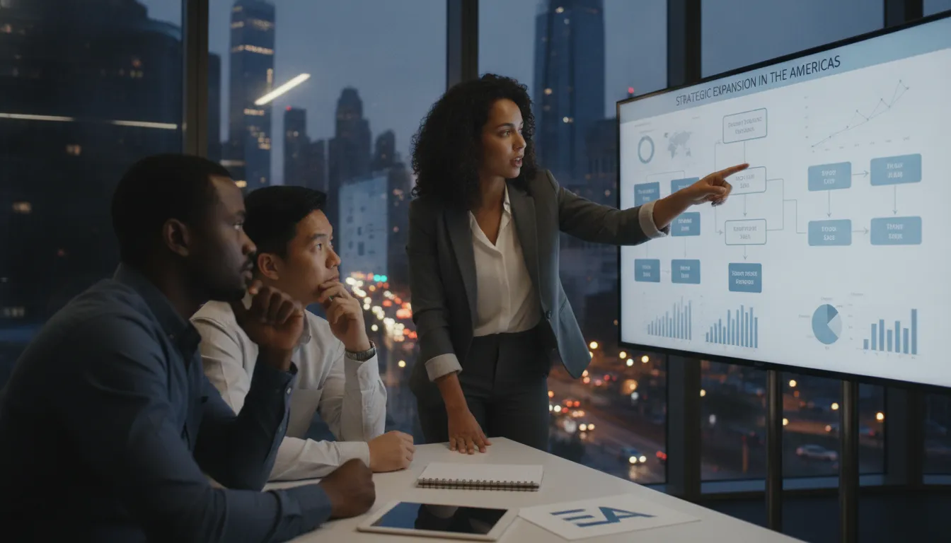 Grupo de empreendedores colaborando em plano de negócios nos EUA. Vale a pena abrir empresa nos EUA com estratégia.