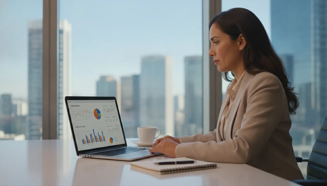Empresária satisfeita analisa dados de CRM para Pequenas Empresas nos EUA em seu laptop, com vista urbana.