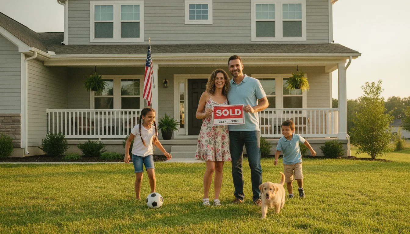 Família brasileira feliz em casa nova, celebrando a realização do sonho americano para empreendedores.