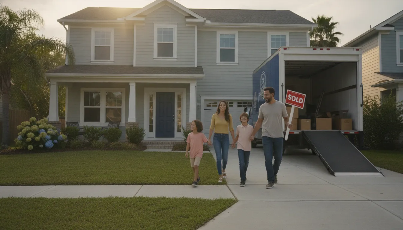 Família brasileira feliz entra em casa nova nos EUA, representando sucesso em negócios para brasileiros nos EUA imobiliários.