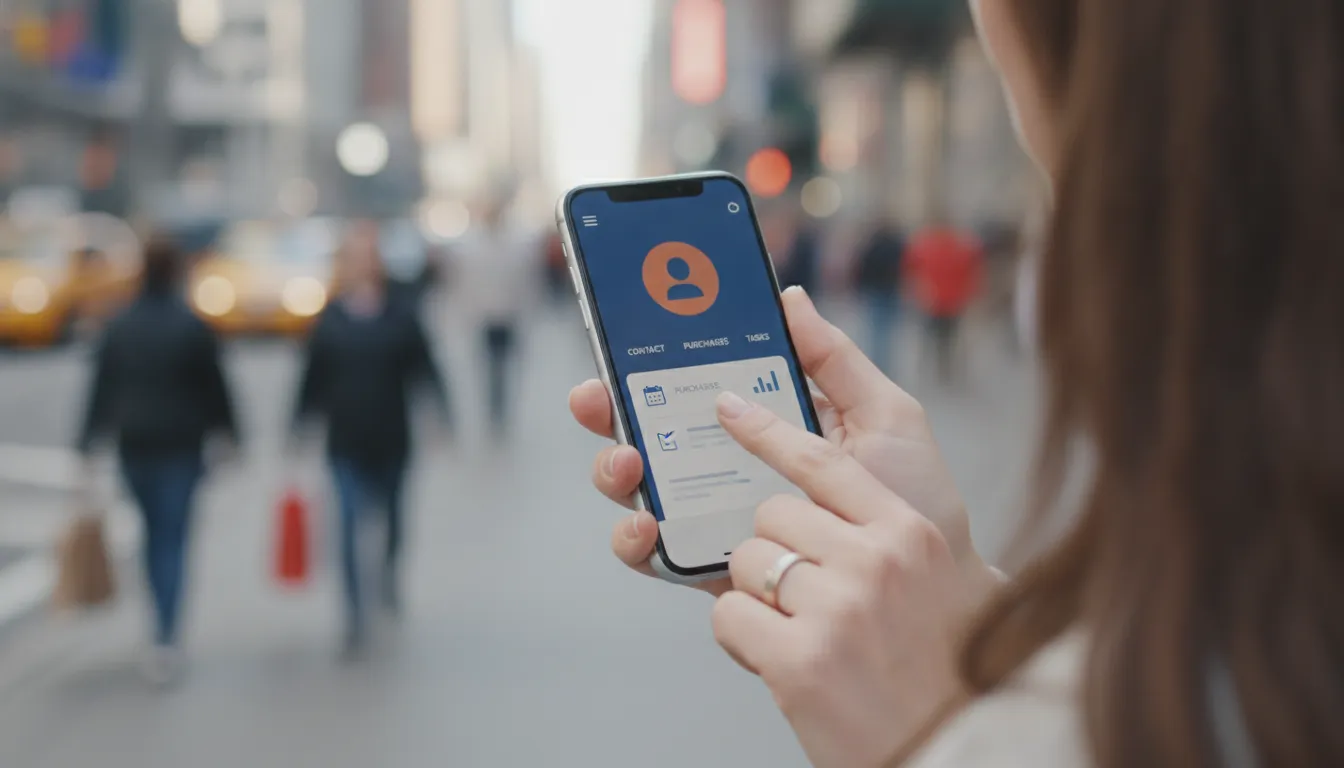 Gerenciando CRM para Pequenas Empresas nos EUA em smartphone, com perfil de cliente e rua movimentada.