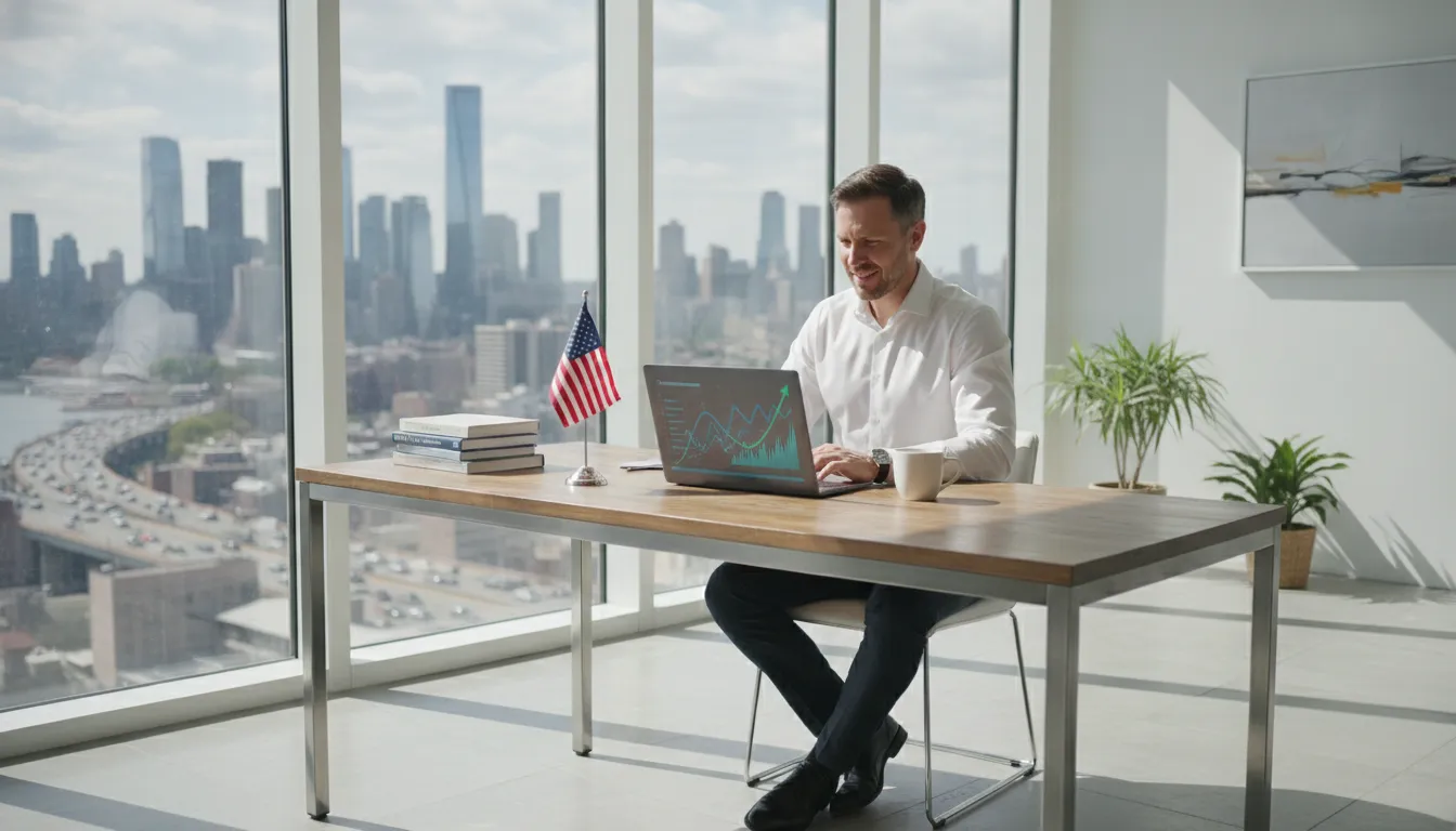 Homem de negócios analisa dados financeiros, explorando vantagens de ter empresa fora do Brasil, focado no mercado americano.