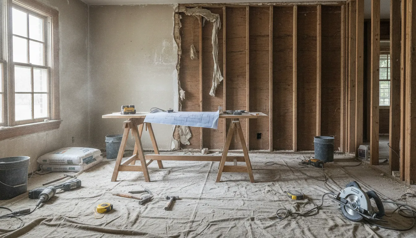 Interior de casa em reforma com ferramentas e estrutura exposta, mostrando o desafio do House Flipping nos EUA.