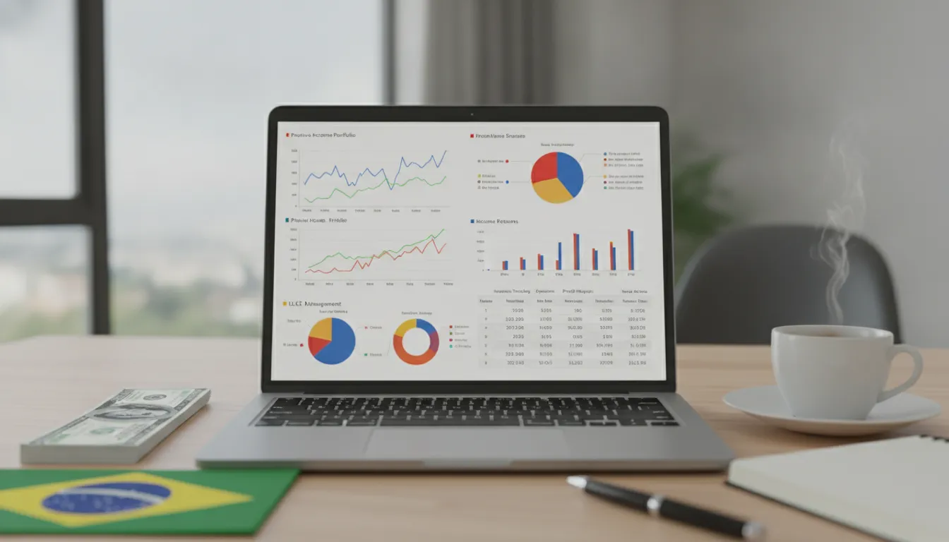 Tela de laptop com dashboard financeiro e notas de dólar, mostrando como é possível viver de renda nos EUA sendo brasileiro com LLC.