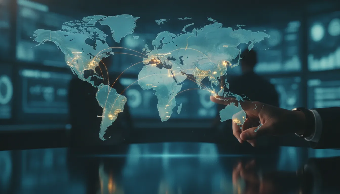 Mão aponta para EUA em mapa mundial holográfico, ilustrando vantagens de ter empresa fora do Brasil e expansão global.