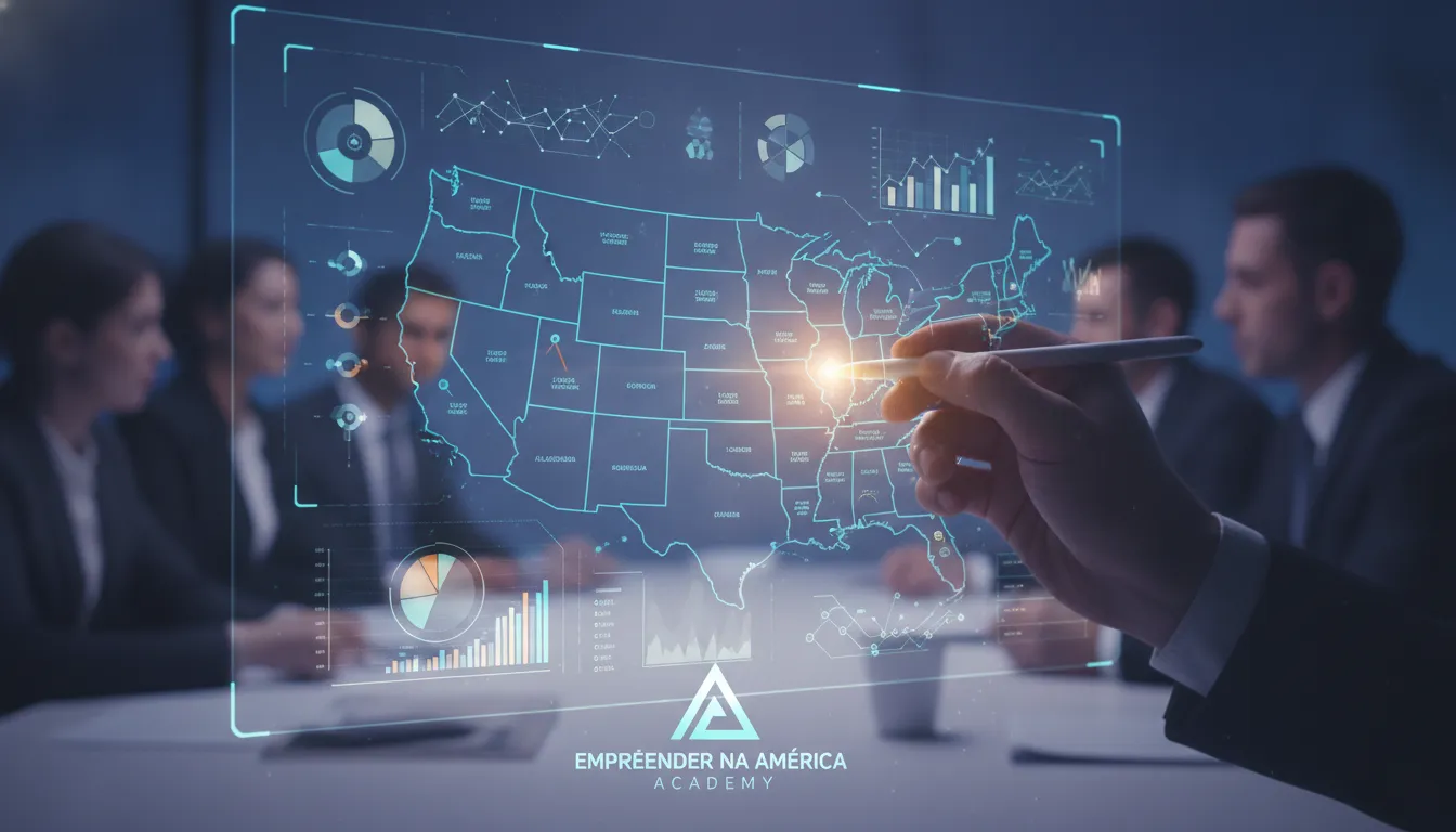 Mão aponta mapa digital dos EUA, mostrando como internacionalizar meu negócio com dados e estratégias.