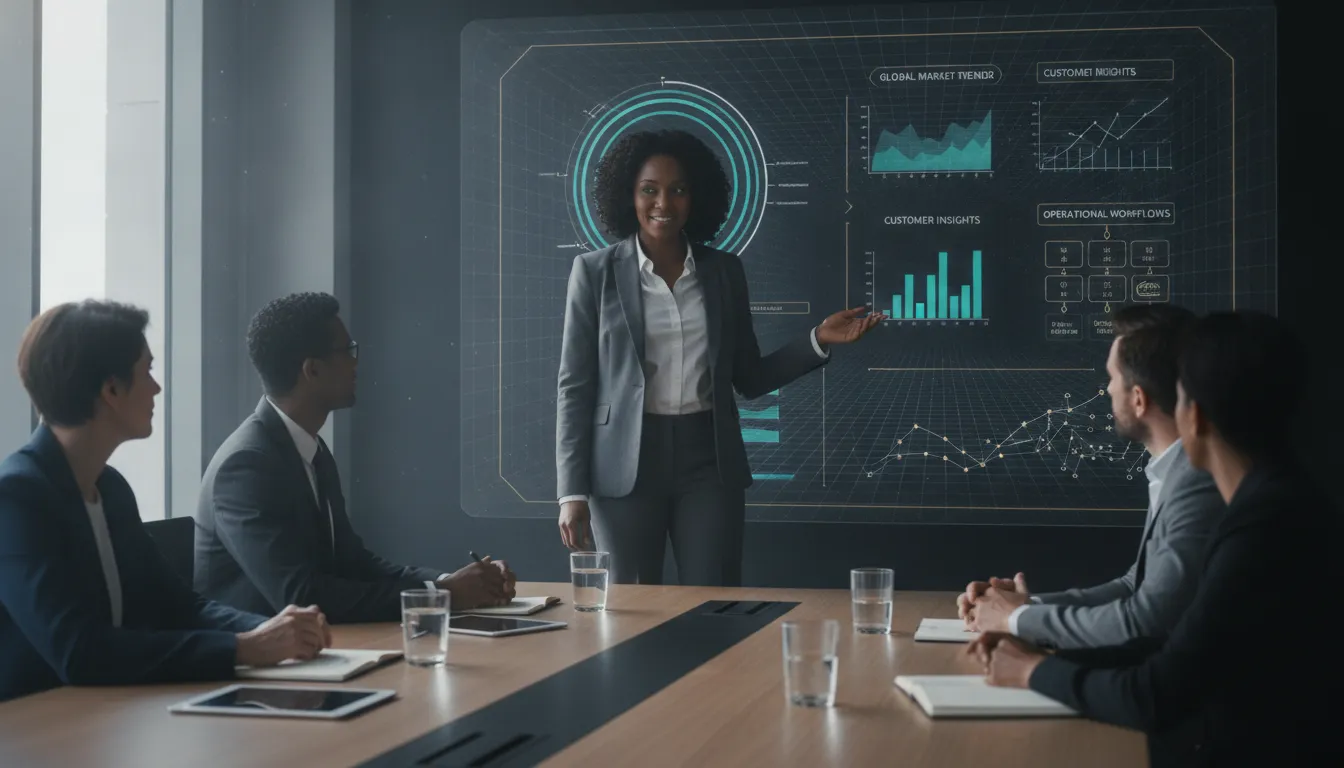 Mulher apresenta painel IA, demonstrando como a IA pode ajudar meu negócio nos EUA com insights práticos.