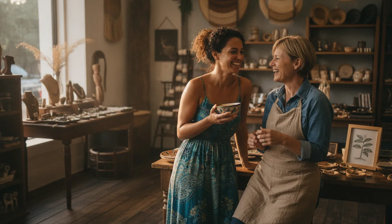 Mulher brasileira interage com lojista americano, compreendendo a cultura de compra do mercado americano como funciona para brasileiro.