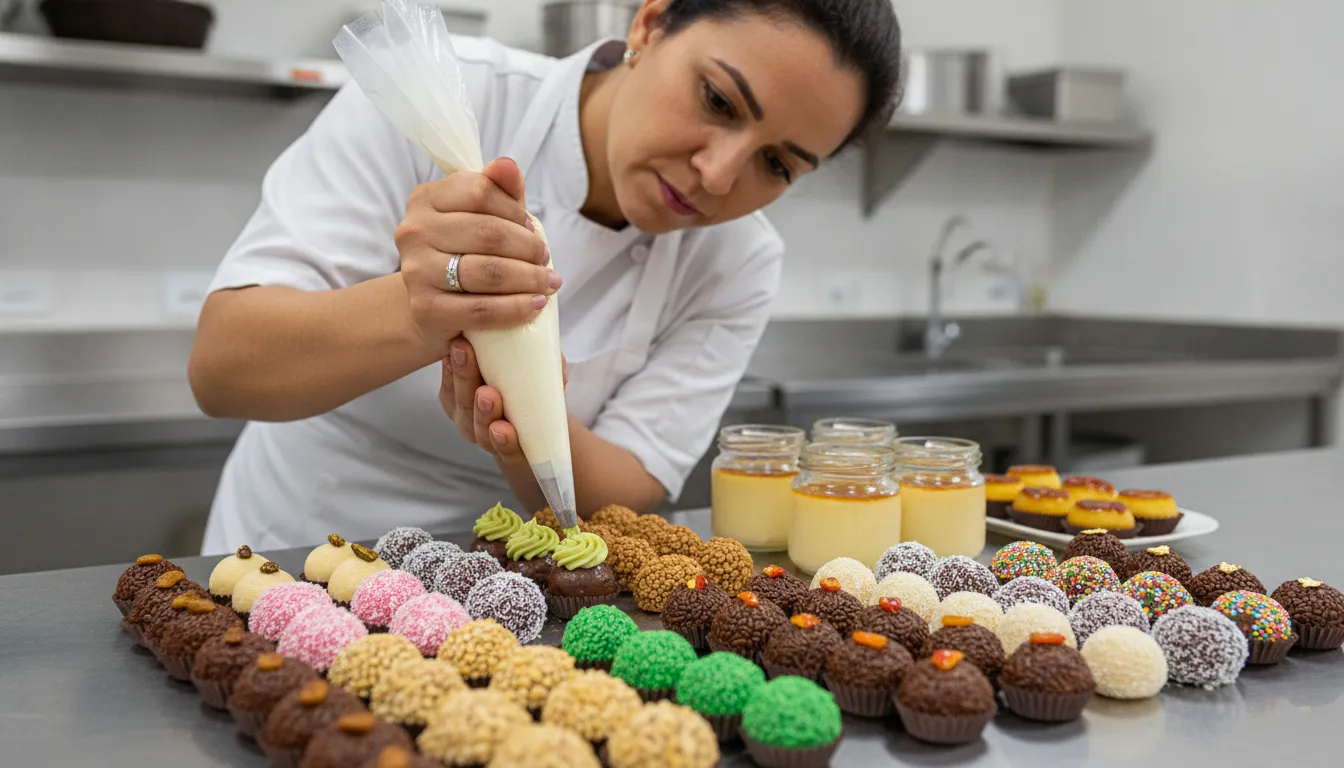 Mulher brasileira decora brigadeiros gourmet em cozinha, destacando negócios para brasileiros nos EUA na culinária.