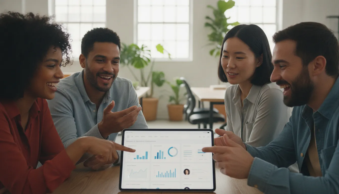 Pequenos empresários nos EUA colaboram usando um sistema CRM para Pequenas Empresas nos EUA em um tablet.