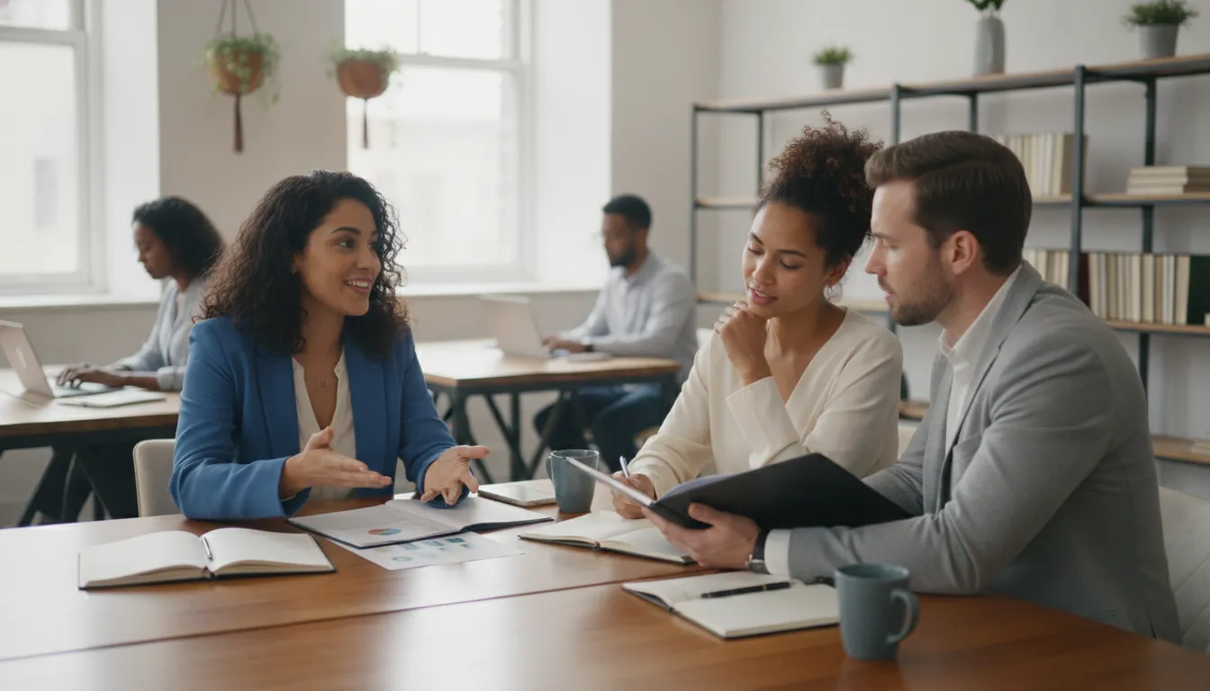 Grupo de profissionais colaborando em co-working, discutindo estratégias para viver de renda nos EUA sendo brasileiro.