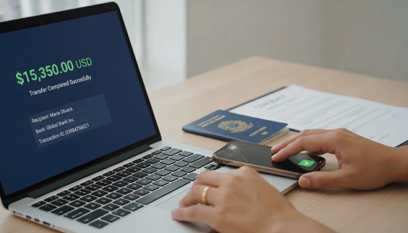 Tela de computador exibindo transação em dólar, simbolizando recebimento legal e como ganhar em dólar trabalhando do Brasil.
