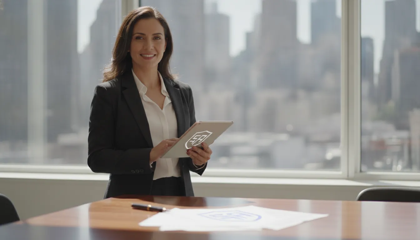 Empreendedora brasileira confiante em escritório nos EUA, simbolizando o registro de marca nos EUA e sucesso.