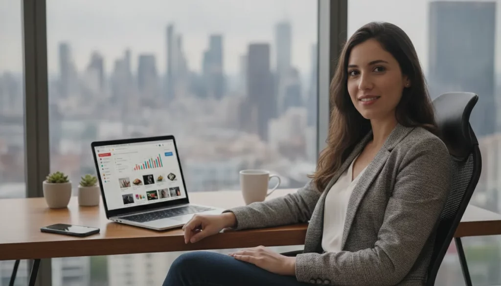 Jovem empreendedora brasileira gerencia seu negócio de dropshipping EUA para brasileiros, sentada em casa com laptop.