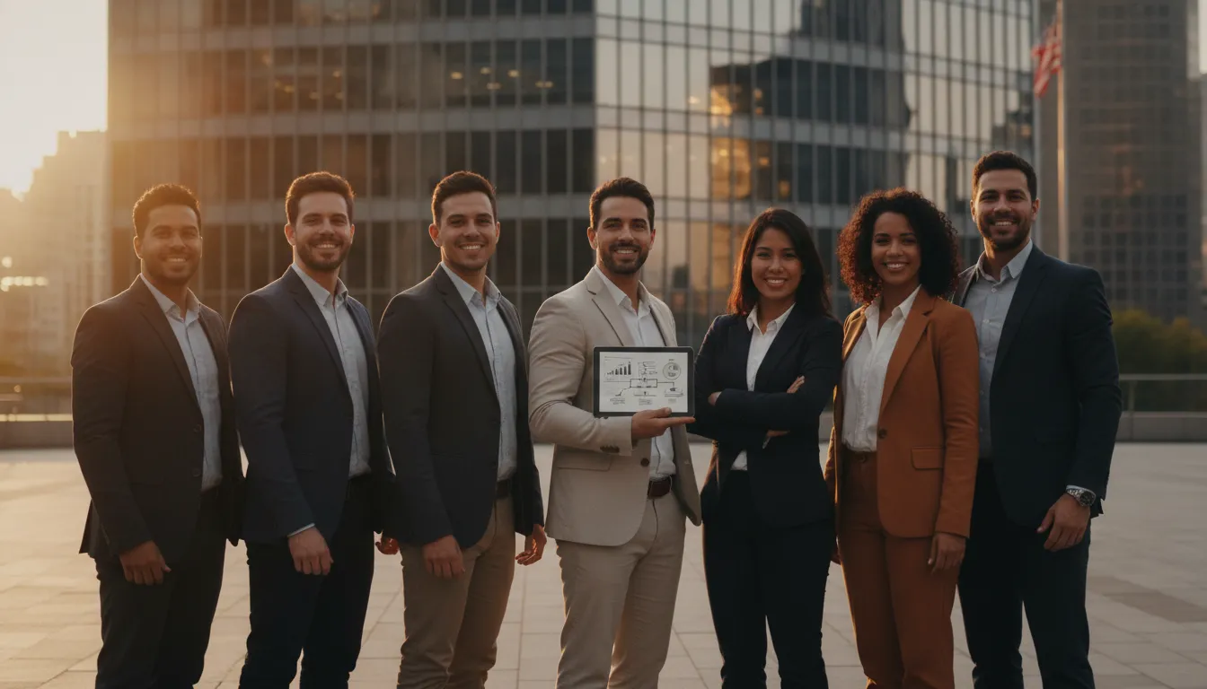 Empreendedores brasileiros confiantes em frente a arranha-céu americano, simbolizando o visto para empreender nos EUA.