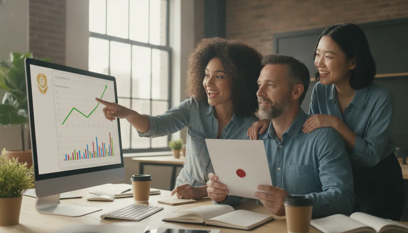 Empreendedores colaborando em escritório, celebrando sucesso e proteção após registro de marca nos EUA.