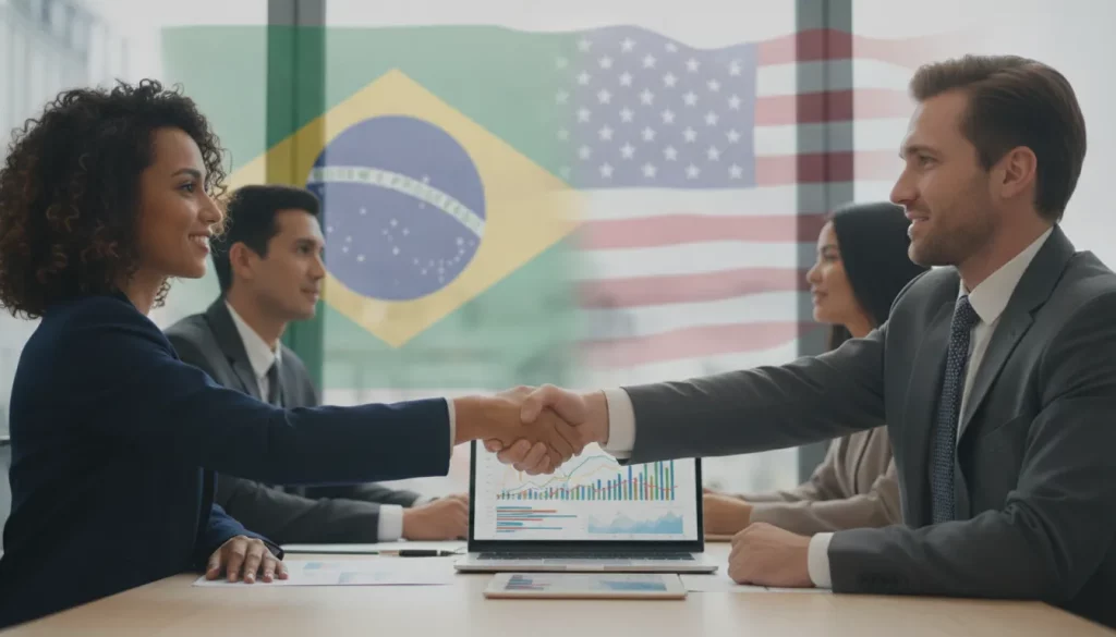 Empresários brasileiros e americanos apertam as mãos, simbolizando a complexidade da dupla tributação Brasil EUA e soluções.