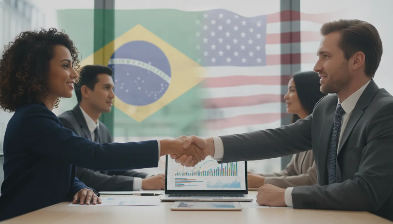 Empresários brasileiros e americanos apertam as mãos, simbolizando a complexidade da dupla tributação Brasil EUA e soluções.