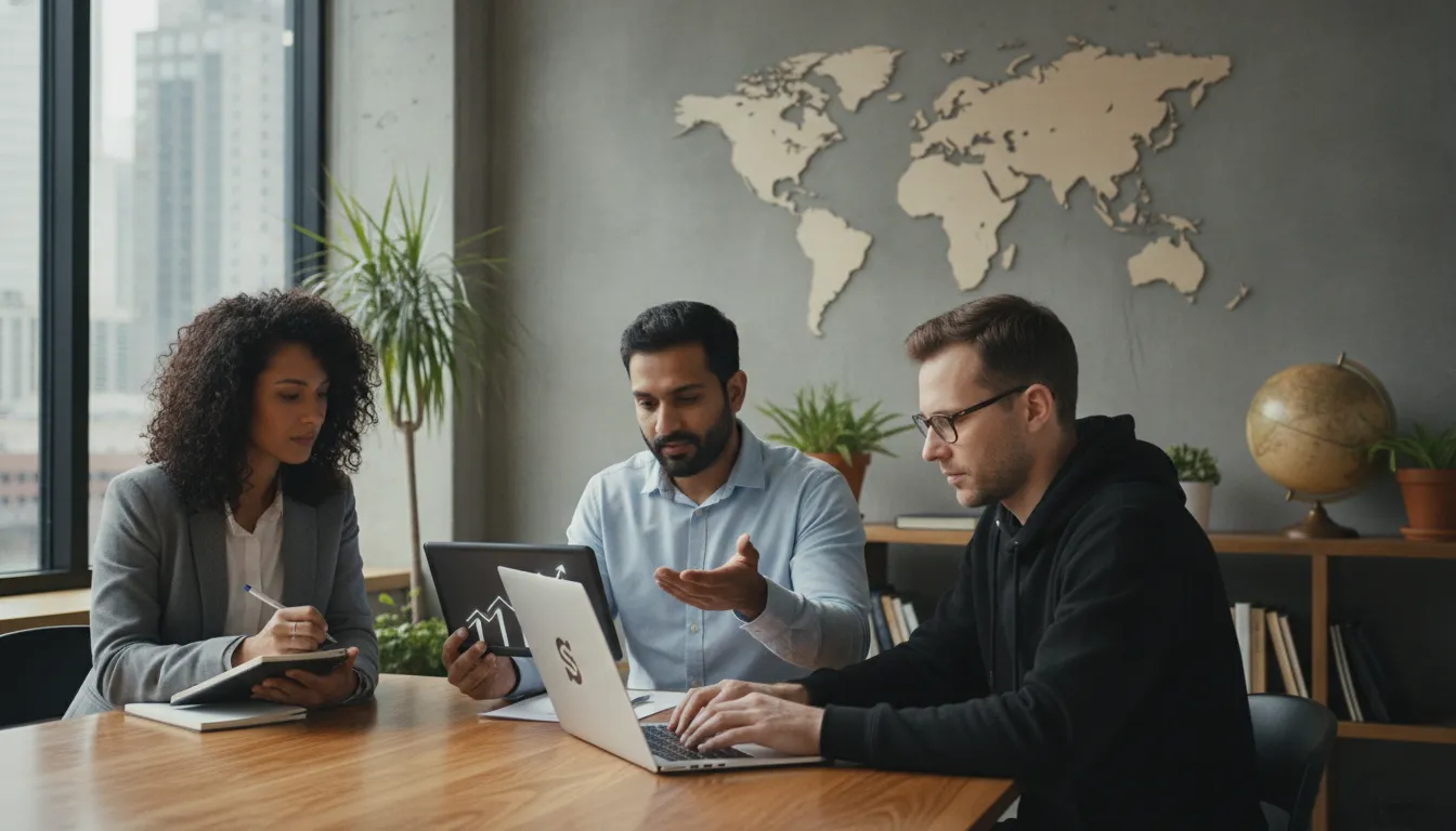 Equipe colabora em estratégia de negócios internacionais, utilizando Stripe para brasileiros para expansão global.