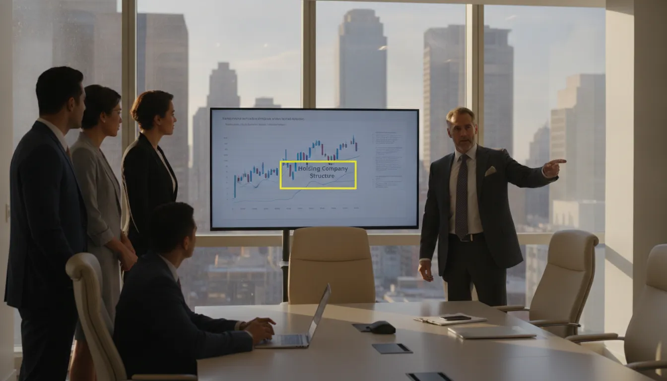 Profissionais de negócios analisam estrutura de holding empresarial nos EUA em tela, simbolizando proteção patrimonial.