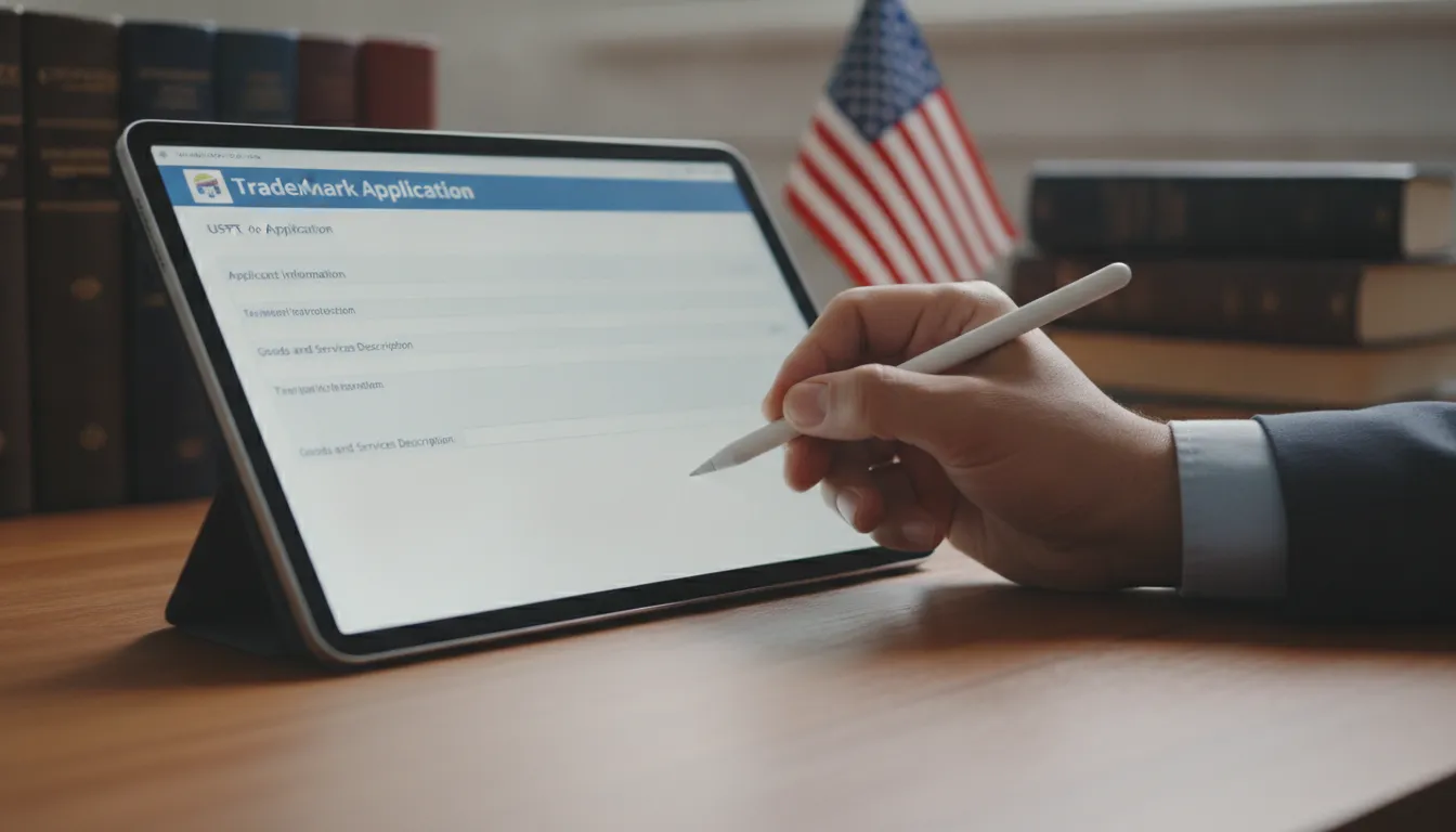 Mão preenchendo formulário digital USPTO, detalhando o processo de registro de marca nos EUA passo a passo.