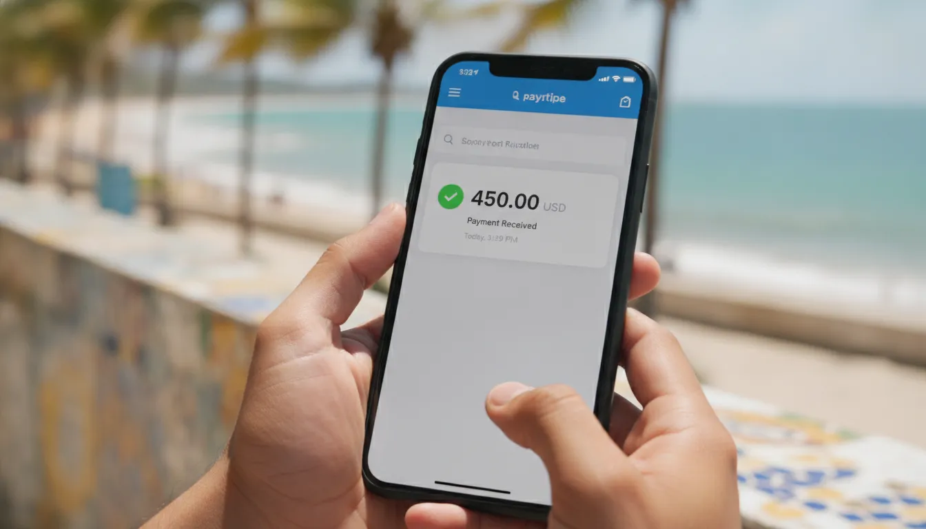 Notificação de pagamento em dólar via Stripe para brasileiros no celular, com fundo tropical, simbolizando alcance global.