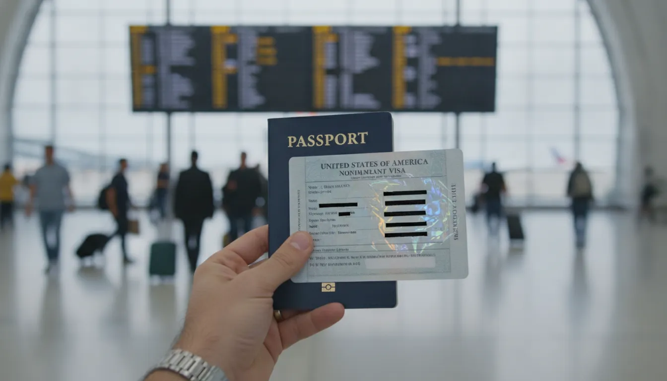 Passaporte com visto americano em destaque no aeroporto, representando o sucesso em obter visto para empreender nos EUA.