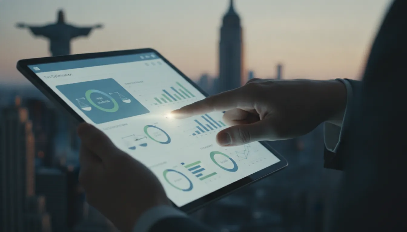 Tela de tablet com gráficos de otimização fiscal, mostrando soluções para evitar a dupla tributação Brasil EUA eficazmente.