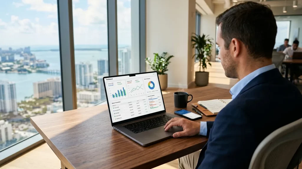 Empreendedor analisa conta de banco digital para LLC em um notebook em escritório moderno iluminado.