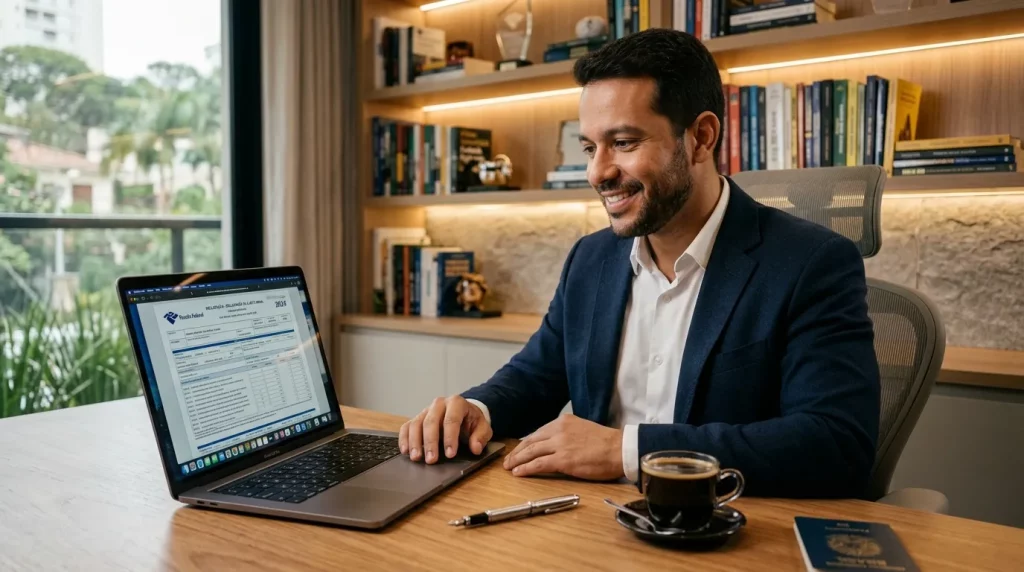 Empreendedor brasileiro analisa documentos para solicitar o seu itin number em um escritório moderno.
