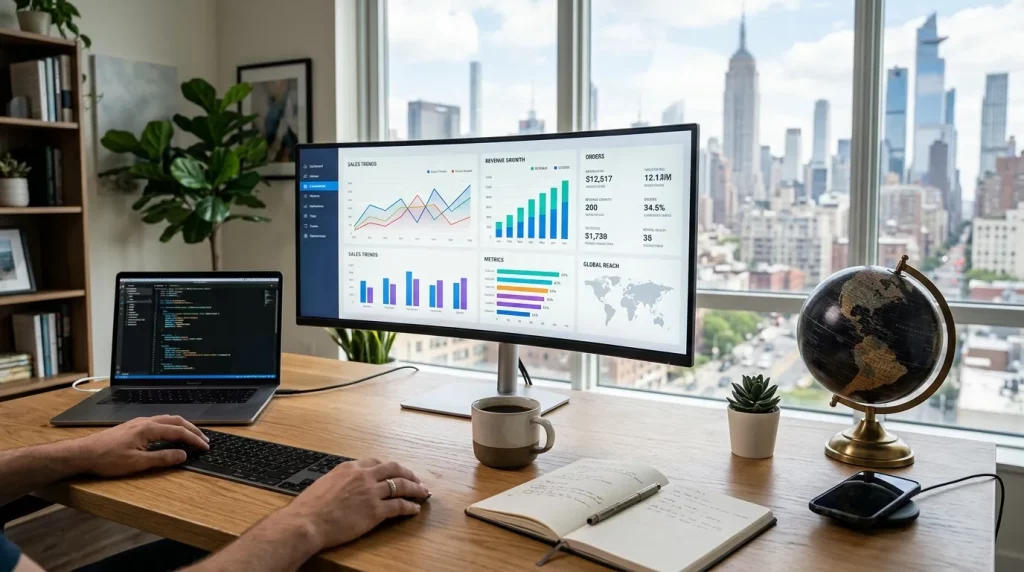Empreendedor analisa graficos de vendas online em computador e planeja como vender nos EUA.