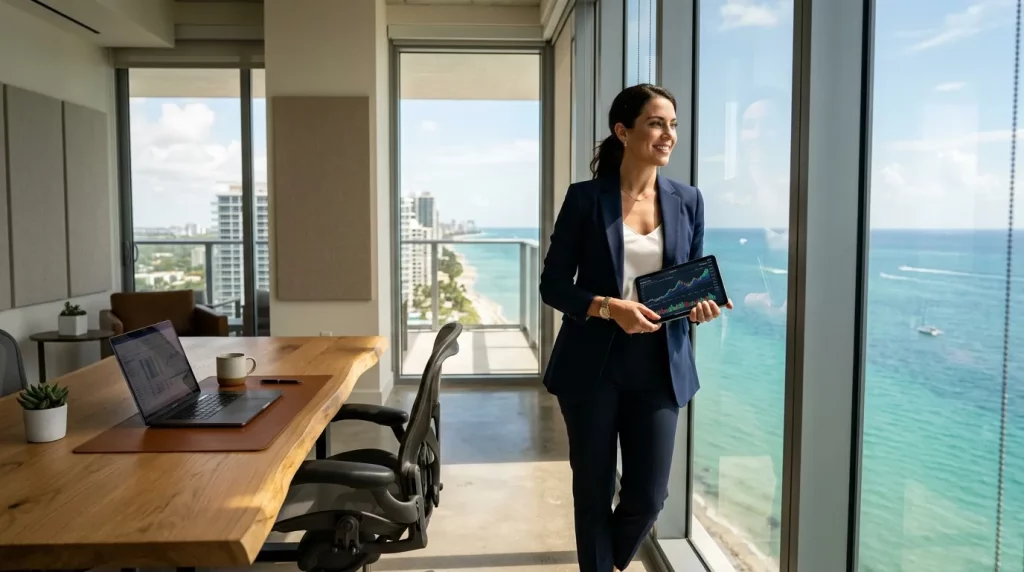 Empreendedor em escritório moderno analisando dados de uma empresa offshore de sucesso.