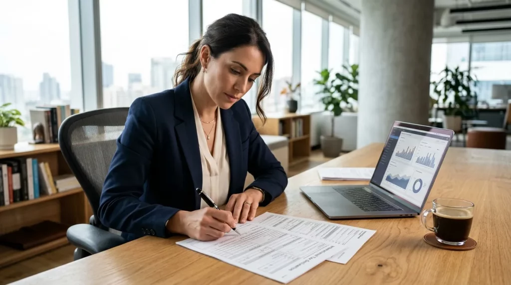 Empreendedor preenchendo o form w8 ben em um escritório moderno com notebook e documentos sobre a mesa de madeira.