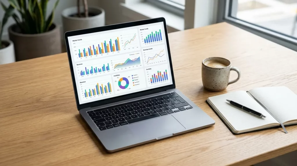 Empreendedor analisa o que é software de contabilidade em notebook na mesa de escritório.