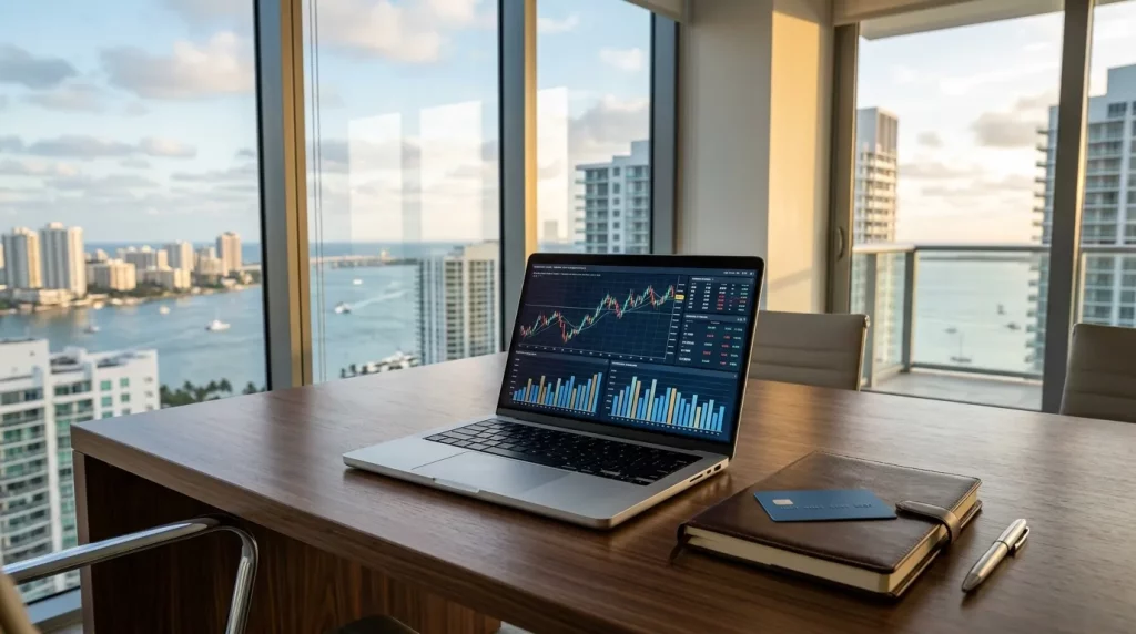 Notebook exibindo gráficos financeiros de uma conta jurídica internacional em um escritório moderno em Miami.