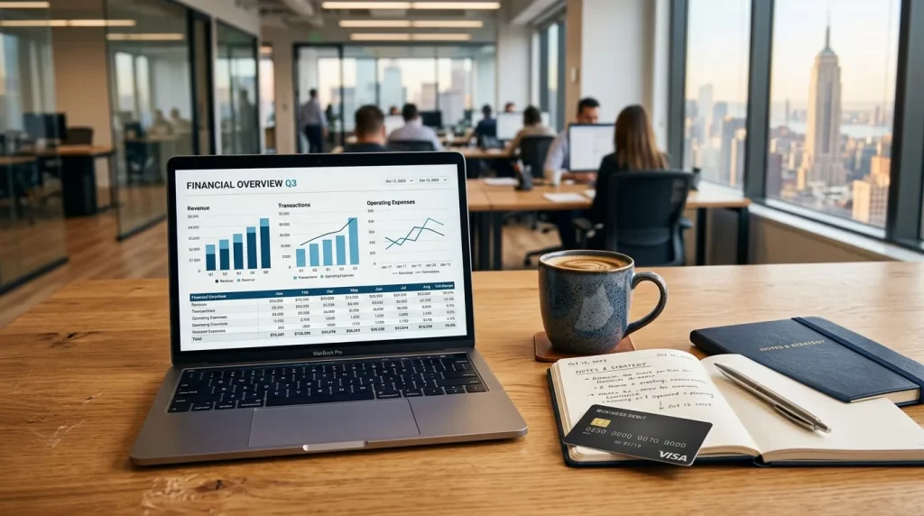Notebook aberto exibindo painel financeiro para gerenciar conta jurídica nos Estados Unidos.
