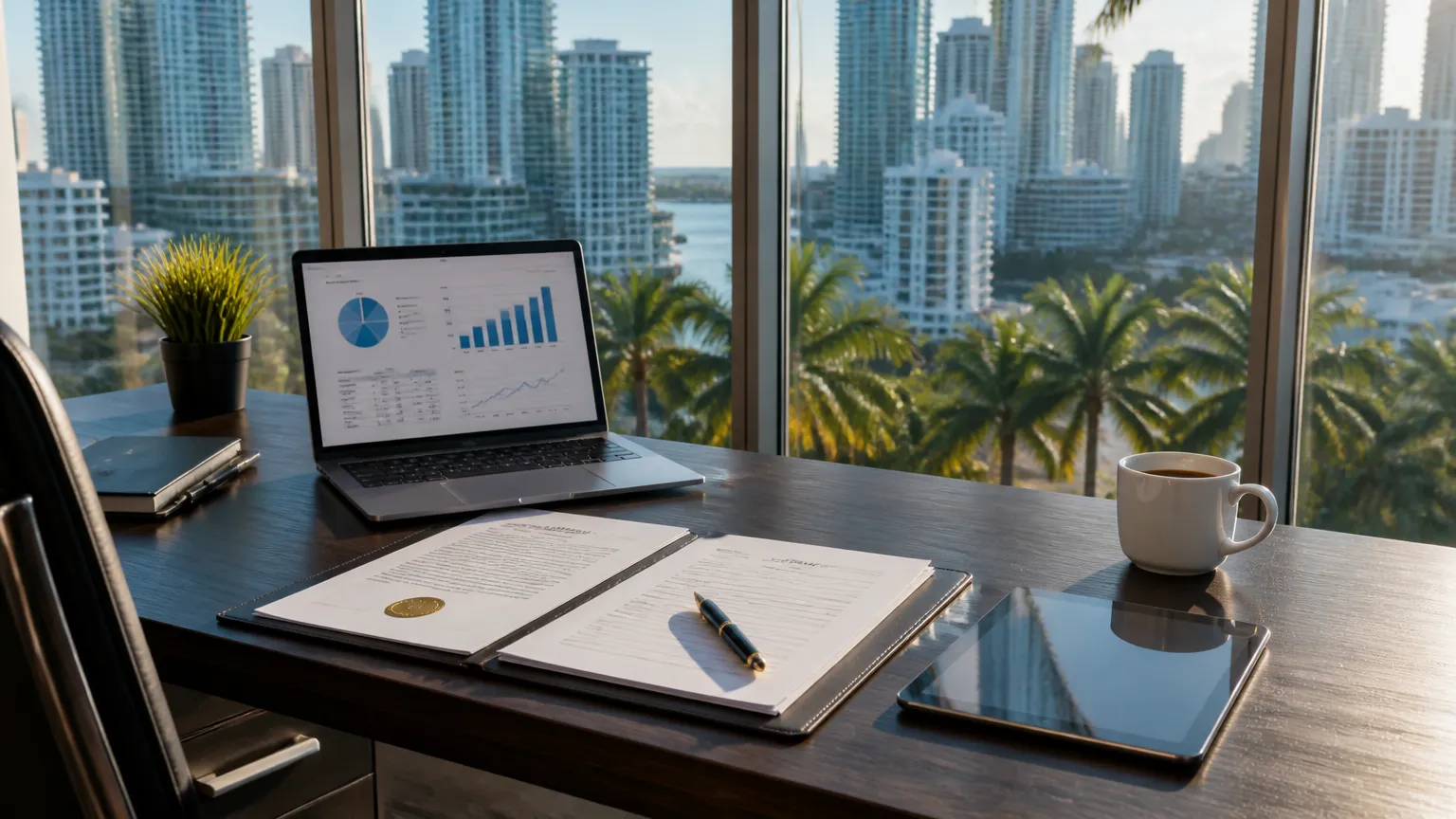 Mesa de escritório executivo em Miami para ilustrar o processo de abrir empresa na Flórida.