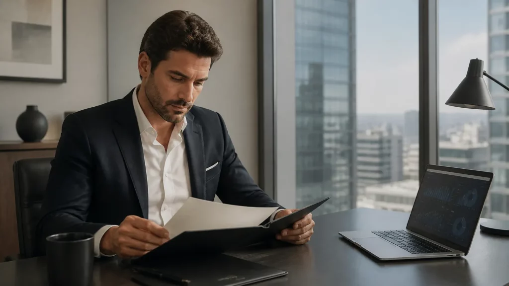 Empreendedor analisando documentos corporativos para abrir empresa em Delaware em escritório moderno.
