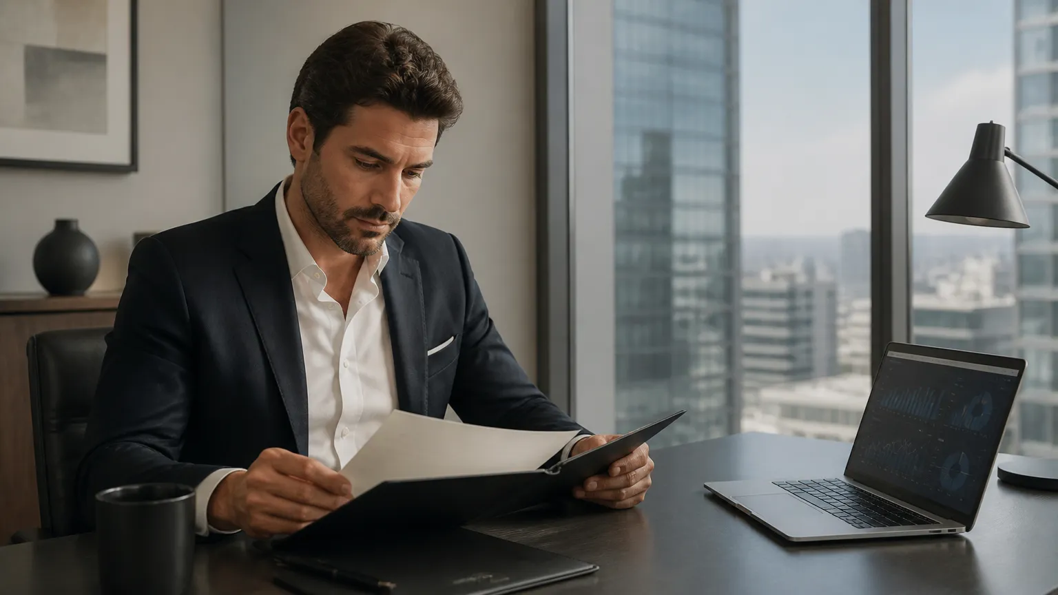 Empreendedor analisando documentos corporativos para abrir empresa em Delaware em escritório moderno.